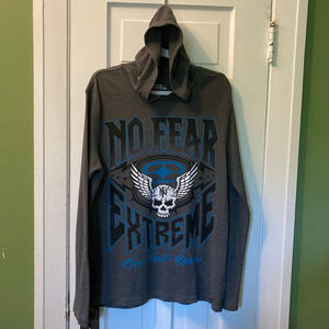 Men's Y2K No Fear Gray & Blue SKULL Graphic Hoodie L